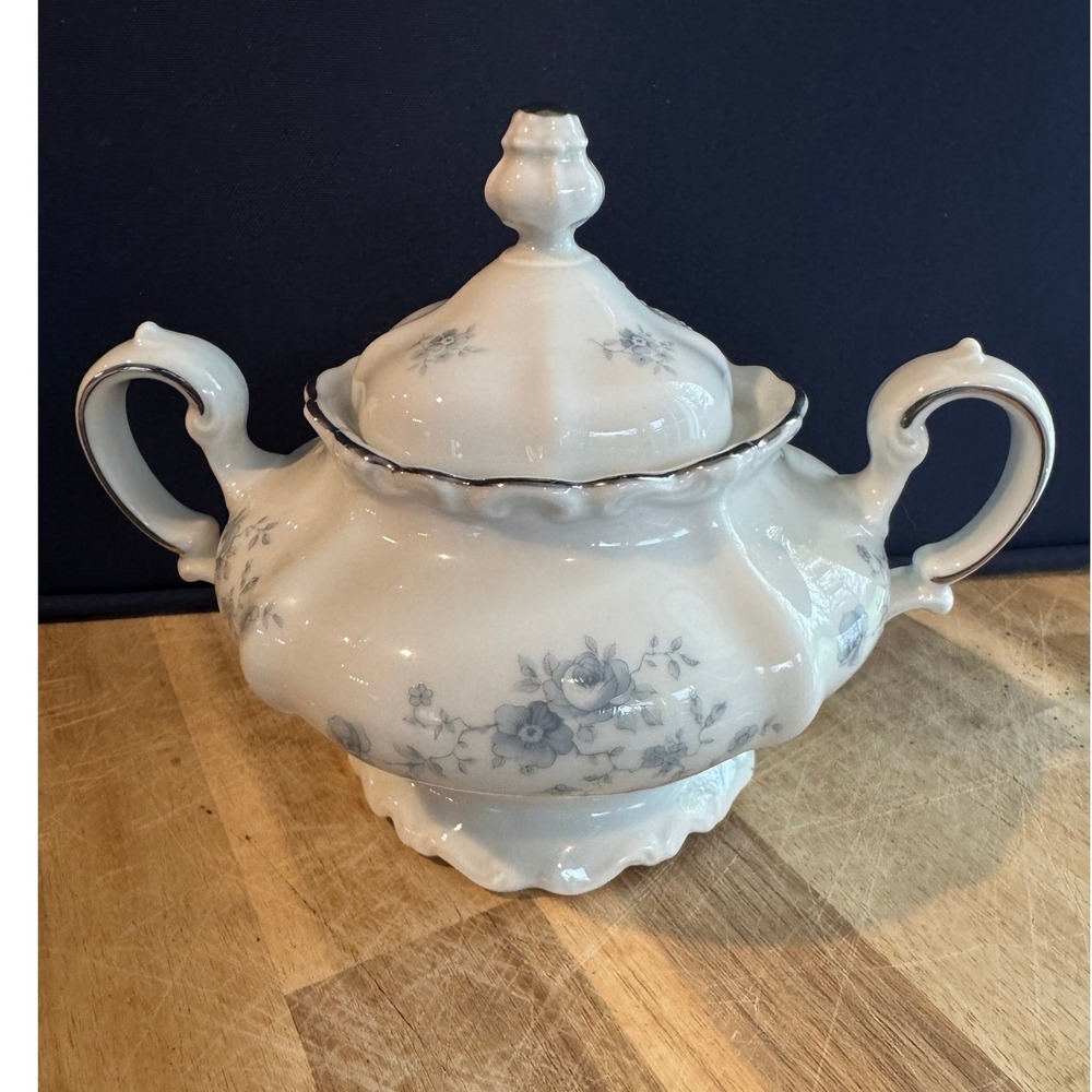 Vintage Johann Haviland Blue Floral Porcelain Covered Sugar Bowl Scalloped Edge